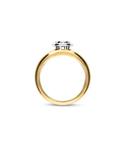 Anillo Ancho con Chatón de Diamantes en Oro Bicolor