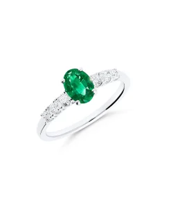 Anillo con Esmeralda Talla Oval 0,76 cts y Diamantes en Oro Blanco