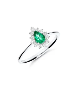 Anillo con Esmeralda Talla Pera y Diamantes en Oro Blanco