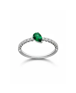 Anillo con Esmeralda Talla Pera 0,35 y Diamantes en Oro Blanco