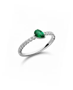 Anillo con Esmeralda Talla Pera 0,35 y Diamantes en Oro Blanco