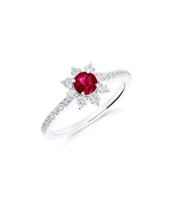 Anillo con Rubí Talla Brillante y Diamantes 0,50 cts en Oro Blanco