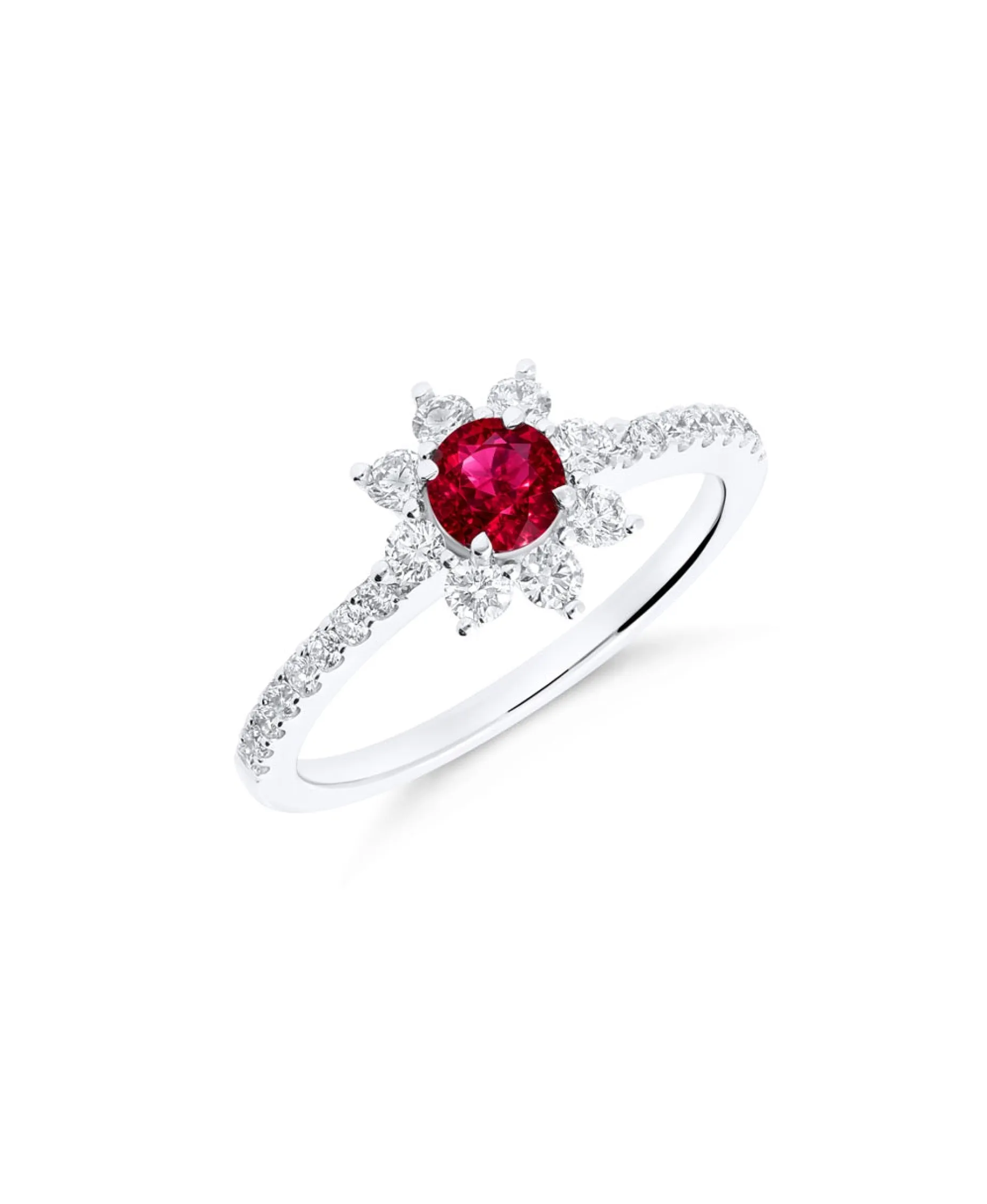 Anillo con Rubí Talla Brillante y Diamantes 0,50 cts en Oro Blanco