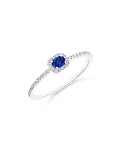 Anillo con Zafiro Talla Oval y Halo de Diamantes en Oro Blanco