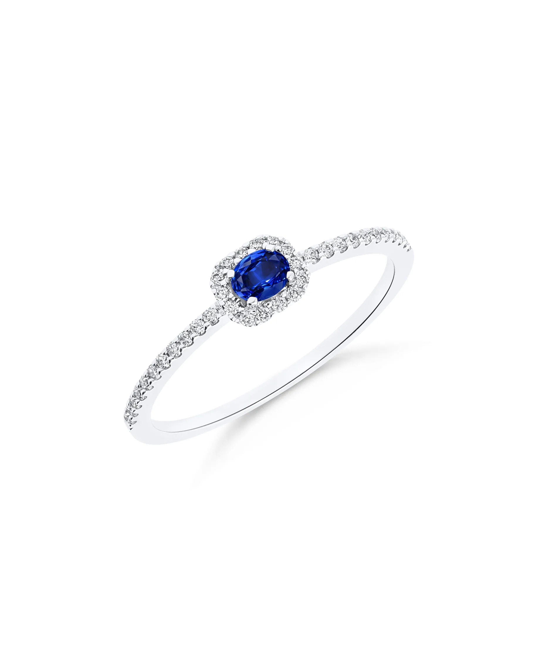 Anillo con Zafiro Talla Oval y Halo de Diamantes en Oro Blanco