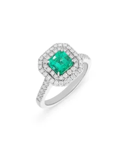 Anillo Esmeralda 1,12 cts con Halo de Diamantes en Oro Blanco