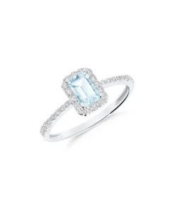 Anillo Roseta con Aguamarina Talla Esmeralda 0,5 cts y Diamantes en Oro Blanco 18K