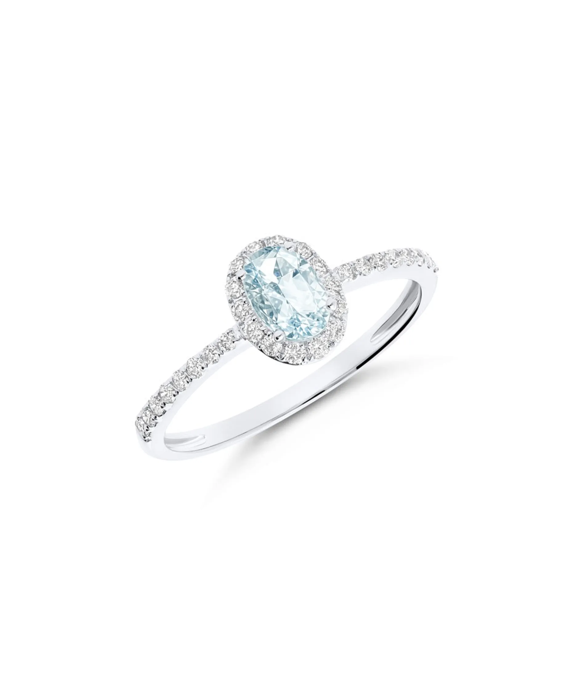 Anillo Roseta con Aguamarina Talla Oval y Diamantes en Oro Blanco 18K