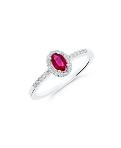 Anillo Roseta con Rubí Talla Oval y Diamantes en Oro Blanco