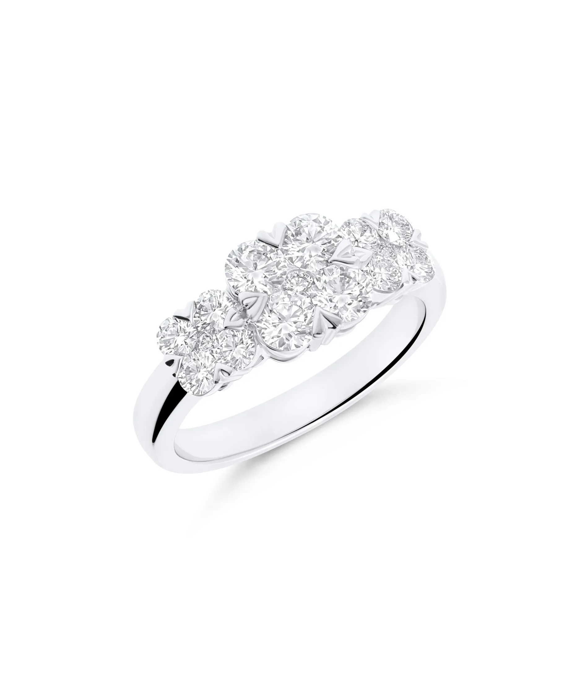 Anillo Tresillo de Rosetas con Diamantes 1,23 cts en Oro Blanco