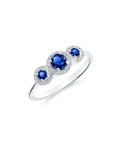 Anillo Tres Rosetas de Zafiros 0,54 cts y Diamantes en Oro Blanco