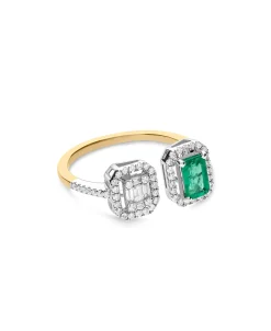 Anillo Tu y Yo con Diamantes y Esmeralda en Oro Bicolor