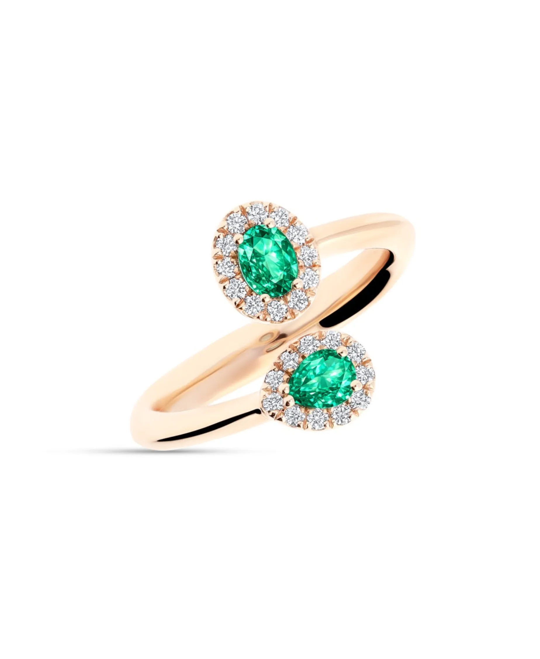 Anillo Tu y Yo con Esmeraldas Oval y Pera con Halo de Diamantes en Oro Rosa