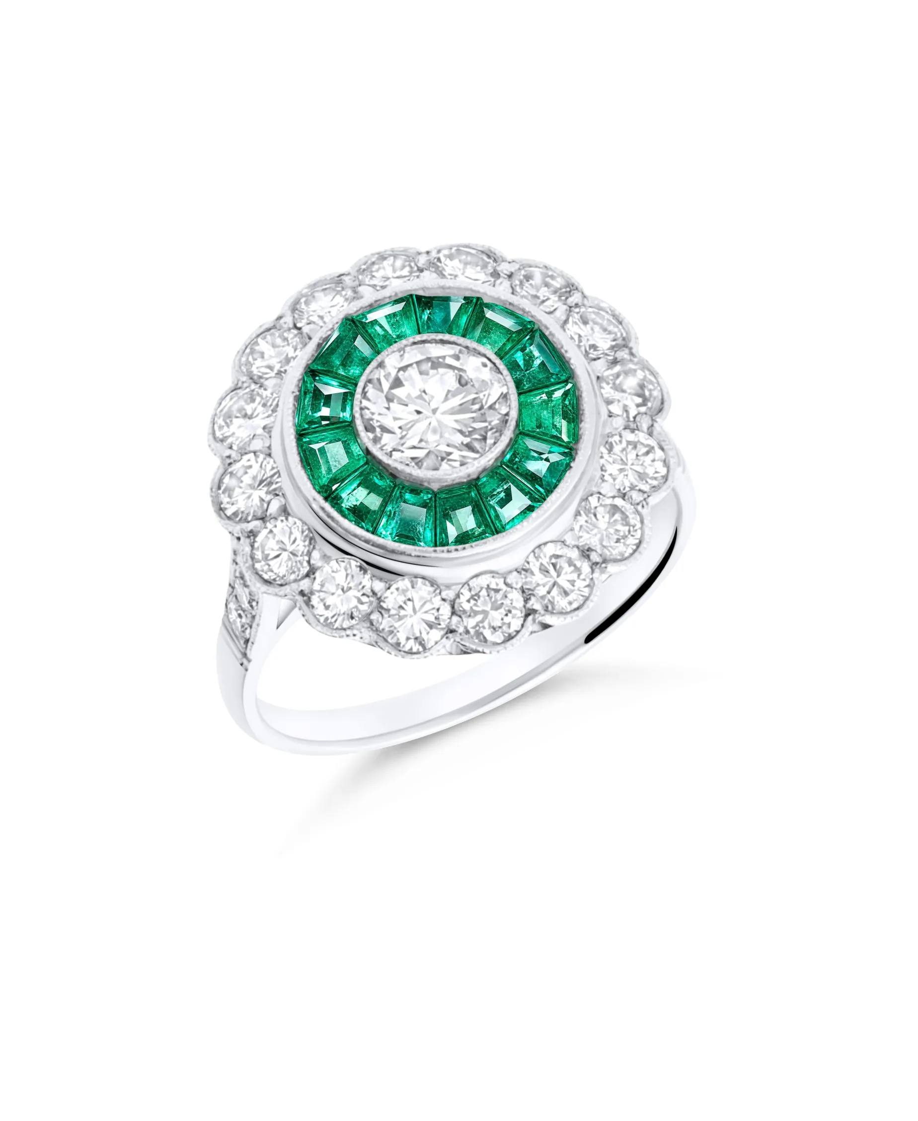 Anillo Vintage Ojo de Perdiz con Diamantes 1,85 cts y Esmeraldas 0,84 cts en Platino