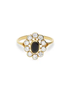 Anillo Vintage Roseta con Piedra de Color y Circonitas en Oro Amarillo 18k