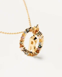 Collar PDPAOLA Letra R Plata Baño Oro y Piedra de Color | CO01-277-U