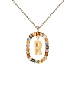 Collar PDPAOLA Letra R Plata Baño Oro y Piedra de Color | CO01-277-U