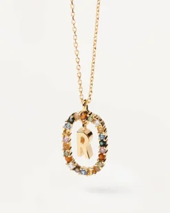 Collar PDPAOLA Letra R Plata Baño Oro y Piedra de Color | CO01-277-U