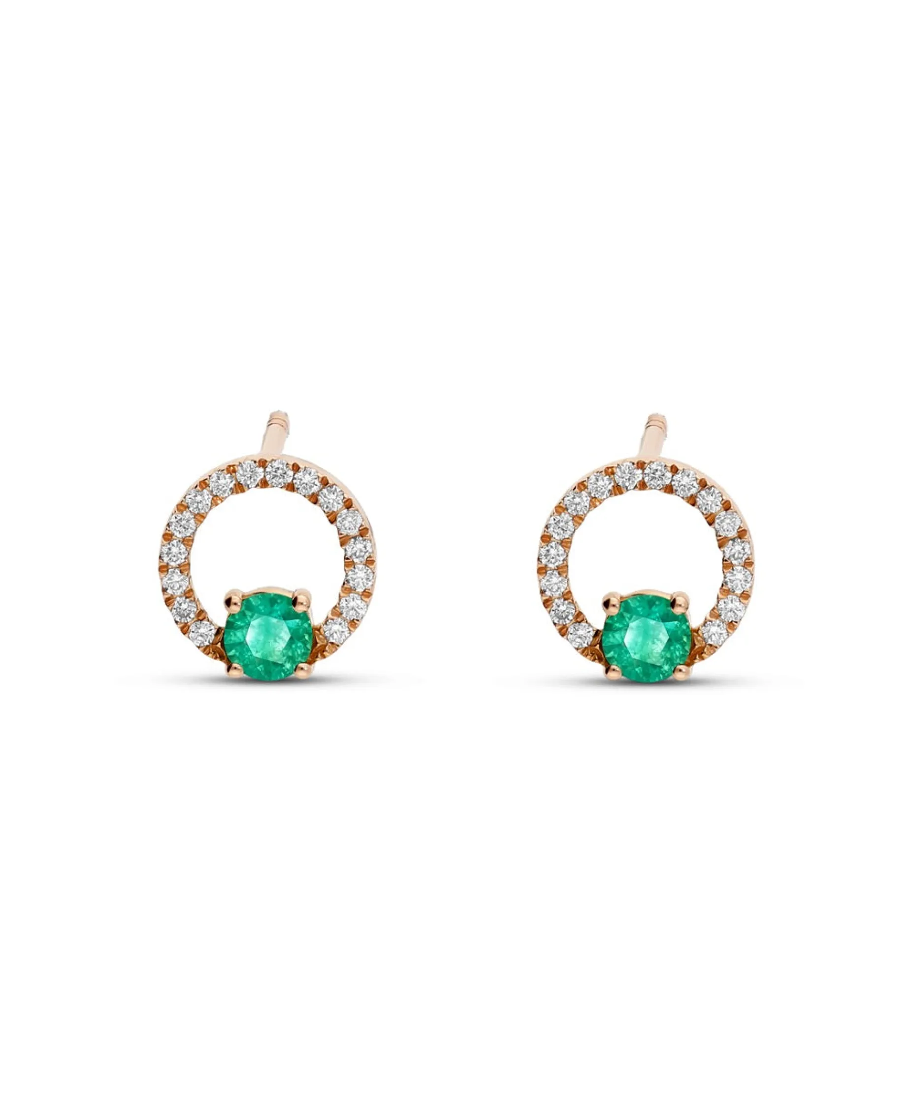 Pendientes Botón de Oro Rosa con Esmeralda y Diamantes