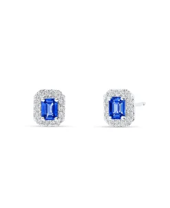 Pendientes con Zafiros Talla Esmeralda y Diamantes en Oro Blanco