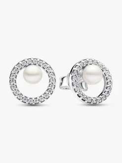 Pendientes de Botón PANDORA Perla y Halo de Pavé - 293154C01