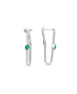 Pendientes Imperdible con Diamantes y Esmeraldas Pera en Oro Blanco