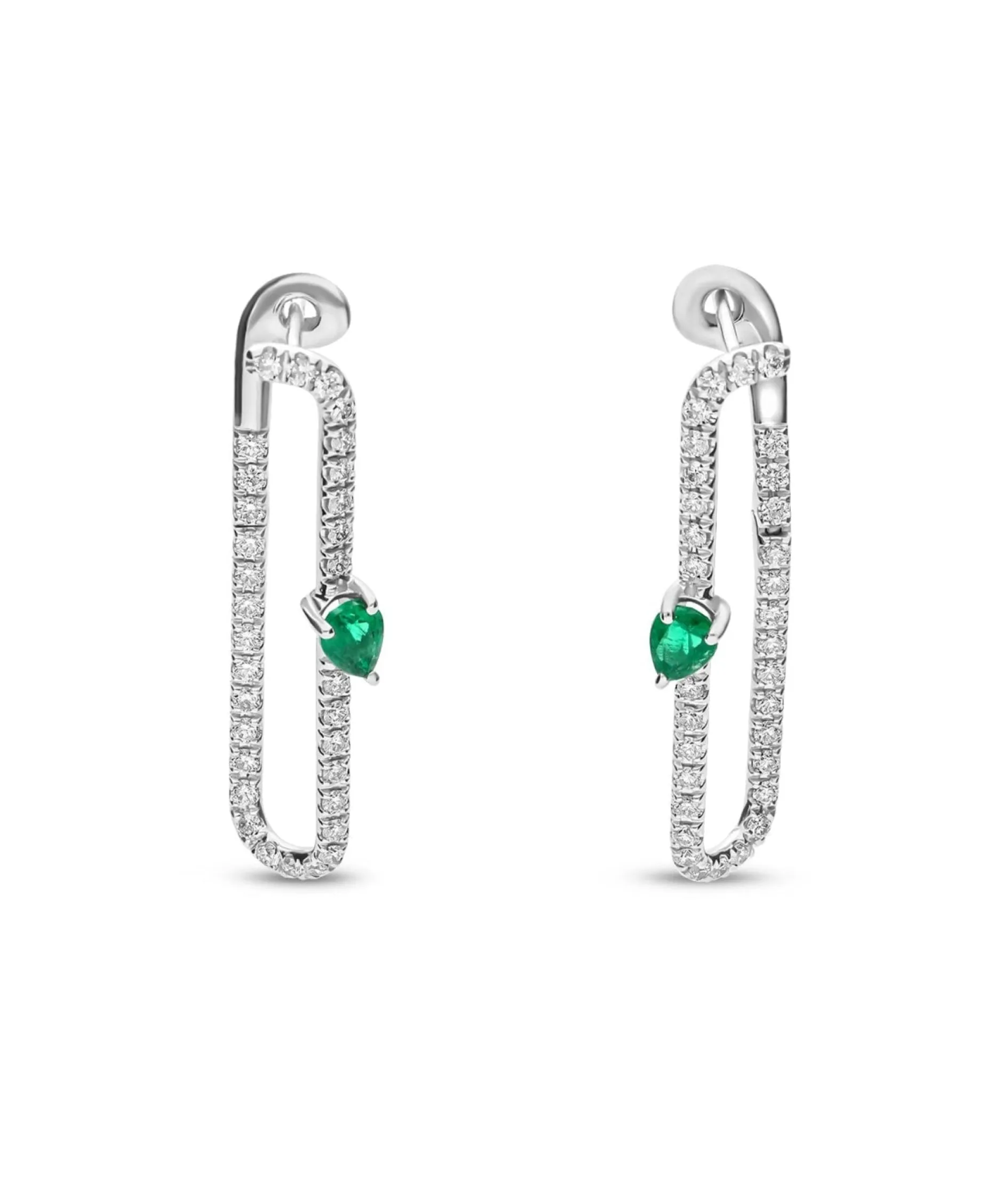 Pendientes Imperdible con Diamantes y Esmeraldas Pera en Oro Blanco