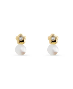Pendientes Infantiles Estrella con Circonita y Perla en Oro Amarillo