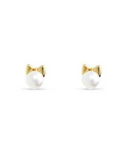 Pendientes Infantiles Perla con Lazo en Oro Amarillo