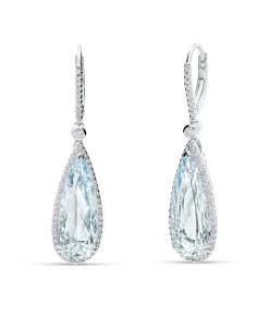 Pendientes Largos con Aguamarina Talla Pera 8,57 cts y Diamantes en Oro Blanco 18K