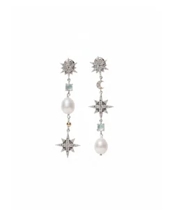 Pendientes Largos Etrellas DELCERRO Plata, Perla y Calcedonia | 10593