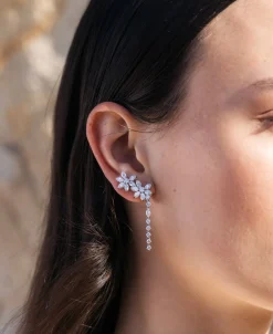 Pendientes Largos Florales con Diamantes 2 cts en Oro Blanco