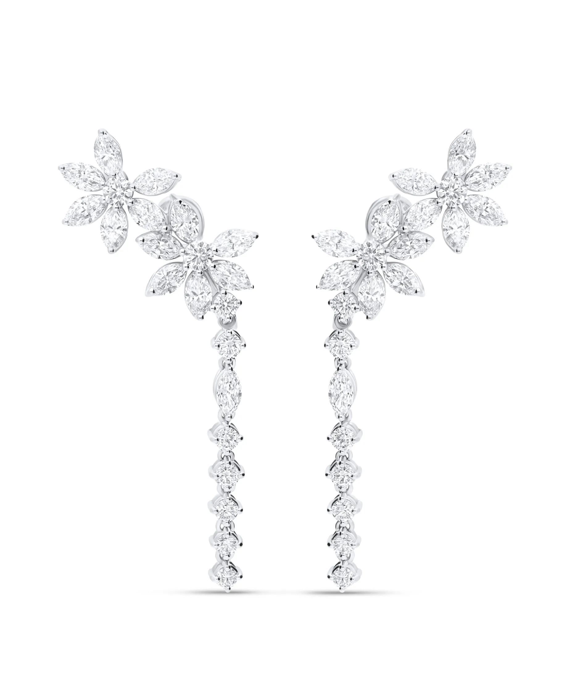 Pendientes Largos Florales con Diamantes 2 cts en Oro Blanco