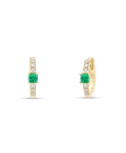 Pendientes Mini Aro de Oro Amarillo con Esmeralda y Diamantes
