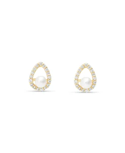 Pendientes Pequeños con Perlas y Circonitas en Oro Amarillo