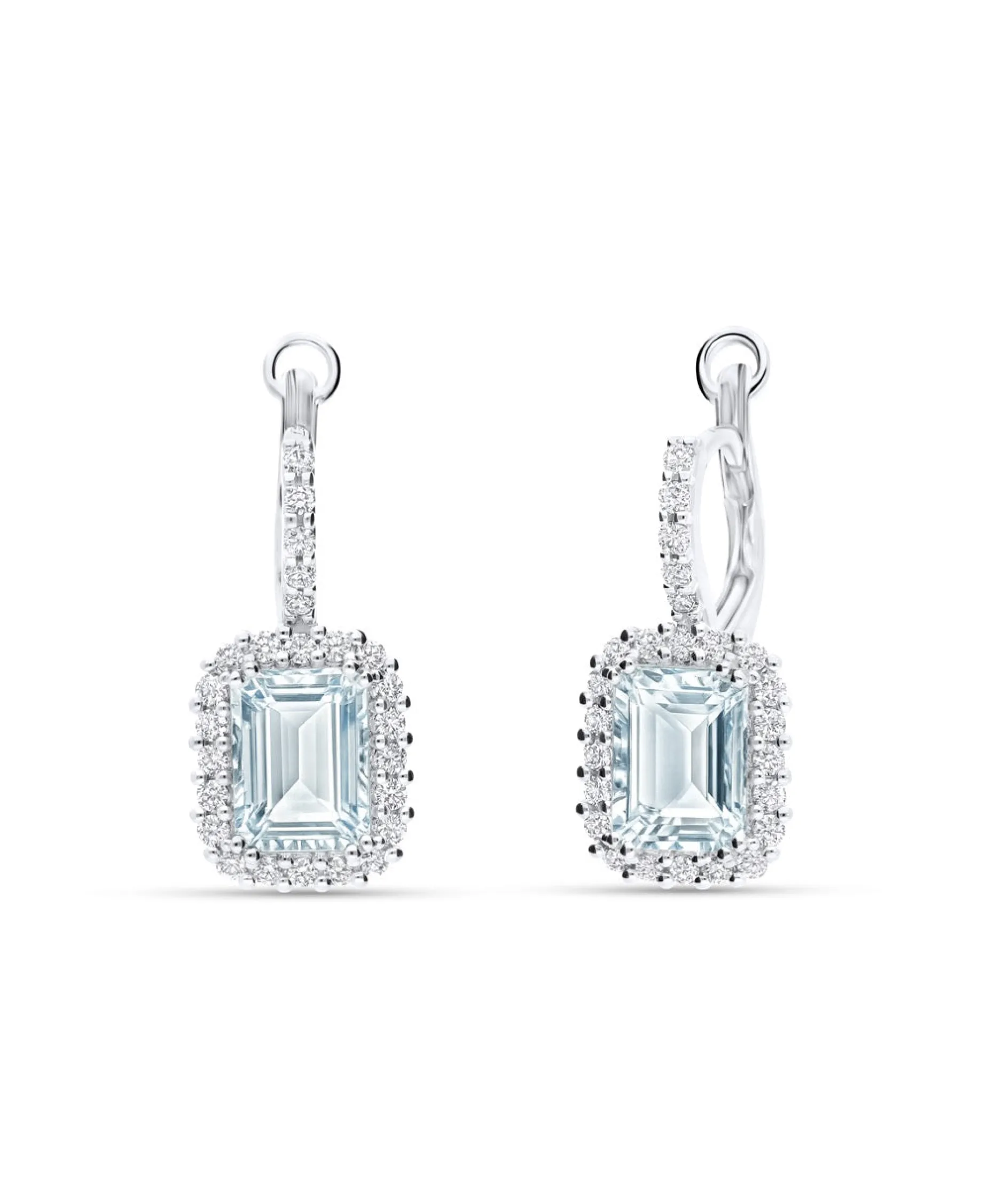 Pendientes Roseta con Aguamarinas Talla Esmeralda 2,98 cts y Diamantes en Oro Blanco 18K