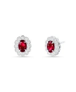 Pendientes Roseta con Rubíes Oval 1.10 cts y Diamantes en Oro Blanco