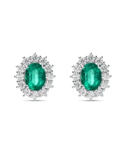 Pendientes Roseta de Esmeraldas Oval 2,61 cts y Diamantes en Oro Blanco