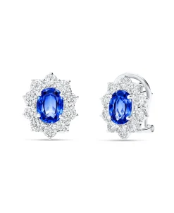 Pendientes Roseta de Zafiros 3,06 cts Talla Oval y Diamantes en Oro Blanco