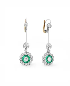 Pendientes Vintage Años 40 en Oro Blanco con Roseta de Esmeraldas y Diamantes