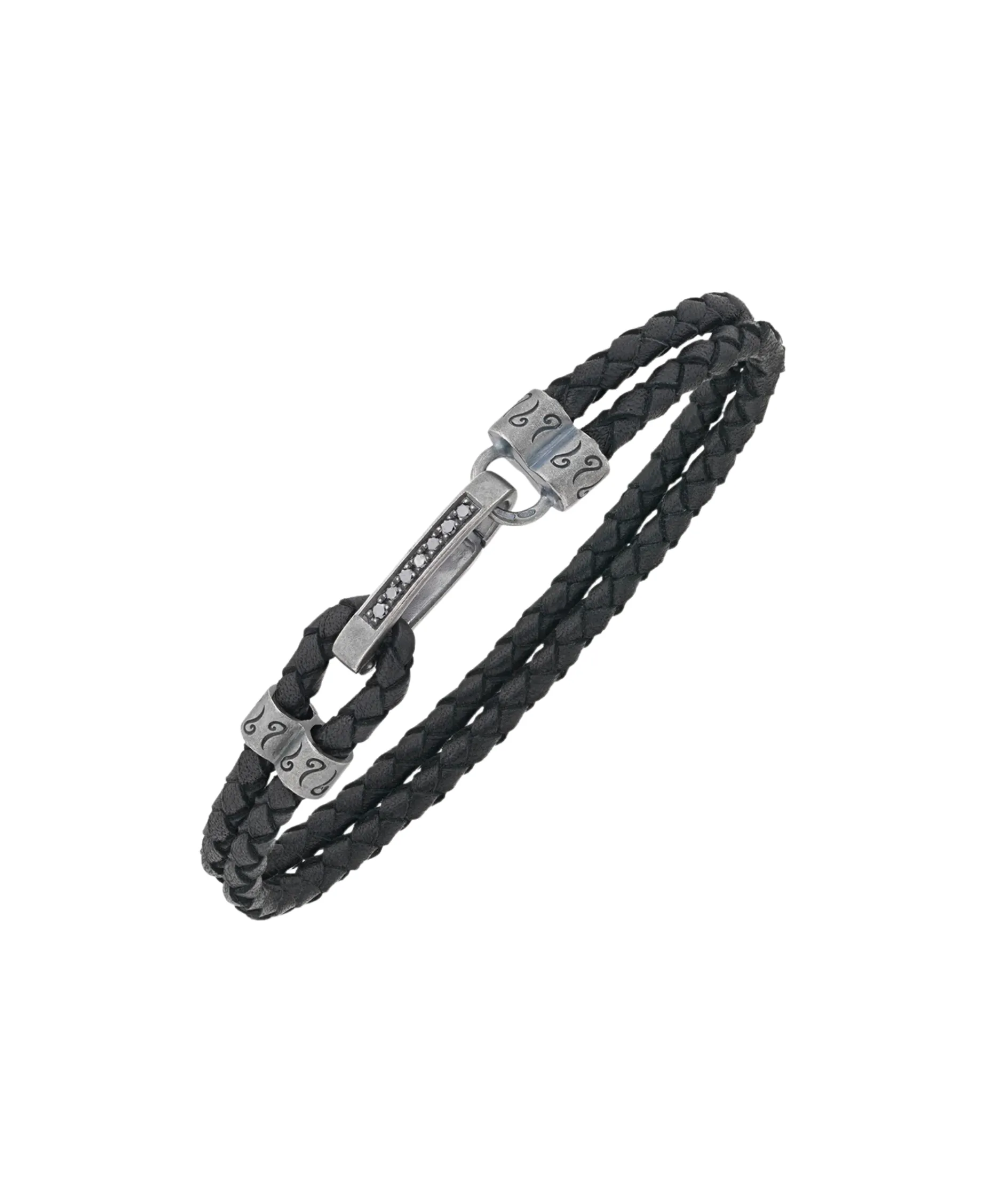 Pulsera Marco Dal Maso Lash ID Gemstone Clasp en Plata Oxidada, Diamantes Negros y Cuero | AGBR0132-01BVPN2