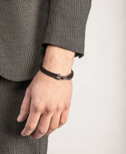 Pulsera Marco Dal Maso Lash ID Gemstone Clasp en Plata Oxidada, Diamantes Negros y Cuero | AGBR0132-01BVPN2